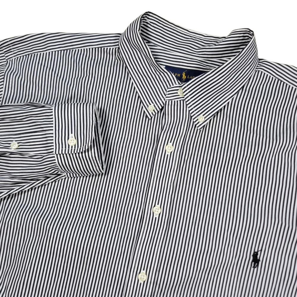 Ralph Lauren Button Down Shirt Men 2XB Black White Striped Cotton Preppy Classic